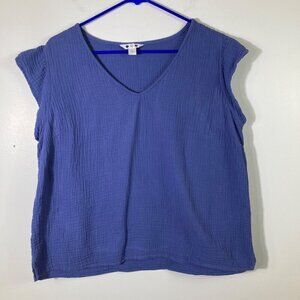 Womens 3 Dots Cotton Waffle V‎ Neck Cap Sleeve Top Blue L